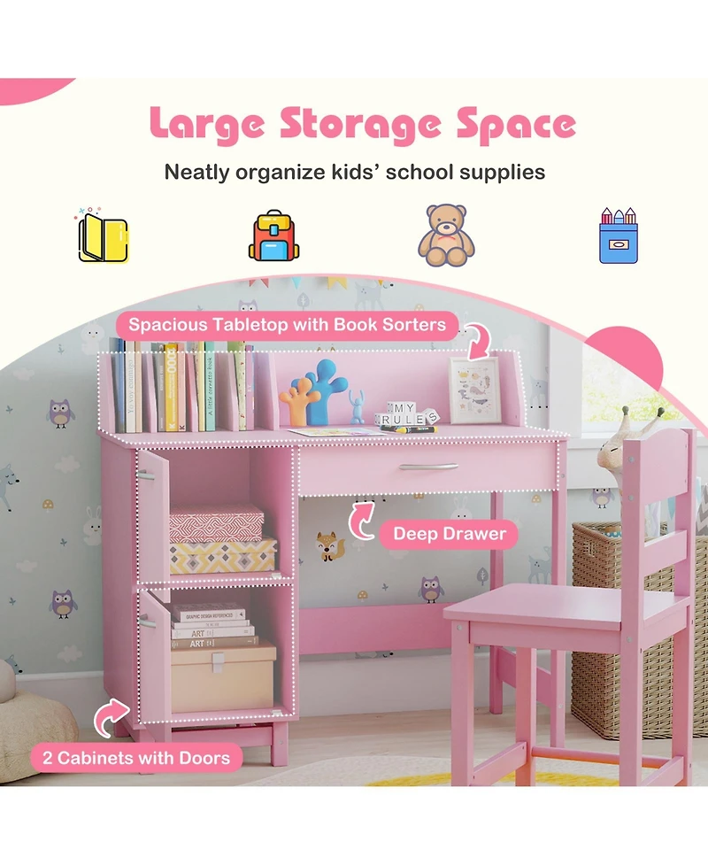 Sugift Wooden Kids Study Desk and Chair Set Student Workstation
