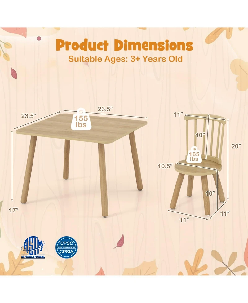 Sugift Kids Wooden Table and Chairs Set 3-Piece Toddler Furniture with Pine Wood Frame