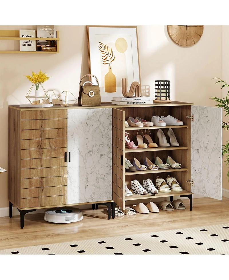 Sugift 4 Tier Farmhouse Shoe Storage Cabinet with Removable Shelves and Metal Legs-Oak