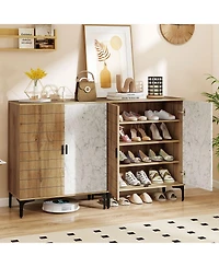 Sugift 4 Tier Farmhouse Shoe Storage Cabinet with Removable Shelves and Metal Legs-Oak