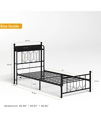 Lucky One Twin Bed Frames, Headboard and Charging Station and Led Light for Bedroom, Solid and Stable