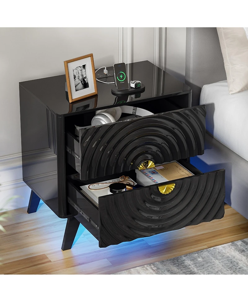 Vlrska 23.6-Inch Wide 2-Drawer Nightstand with Built-in Outlets and Human Sensor Light