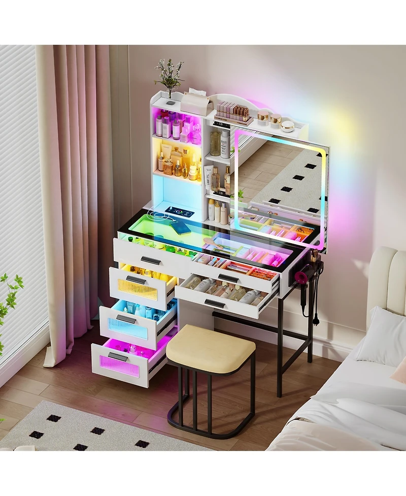 Vlsrka Led Vanity Desk Set with Rgb Mirror, Charging Station & Chair