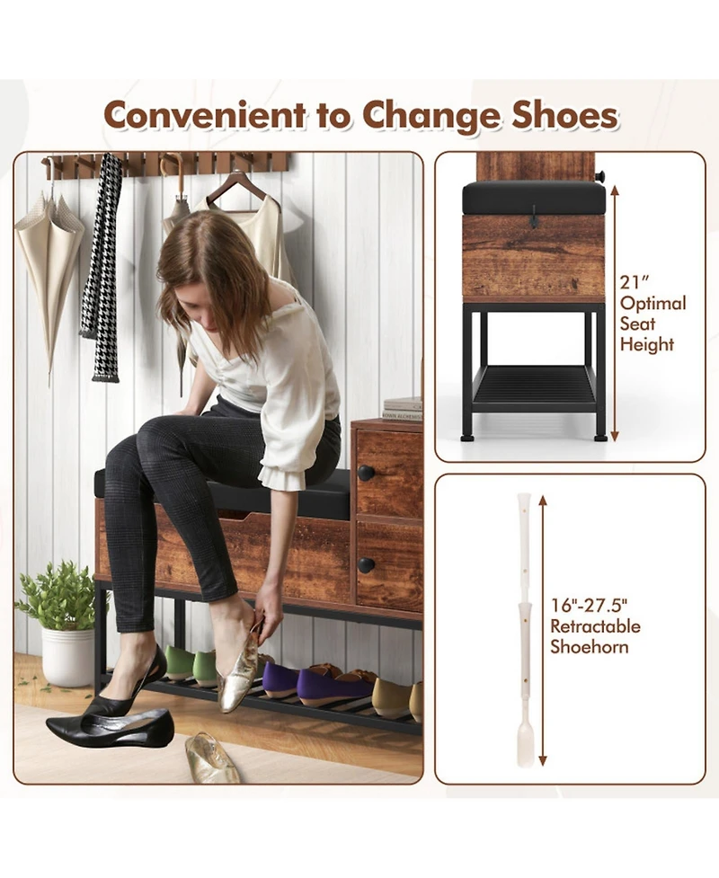 Gouun Wood Entryway Storage Bench with Flip-Top Compartment and Cabinets