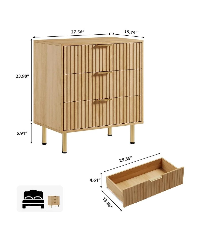 gaomon Bedroom 3 Drawer Dresser, Fluted Wood Storage Chest with Wide Top, Modern Nightstand Organizer.