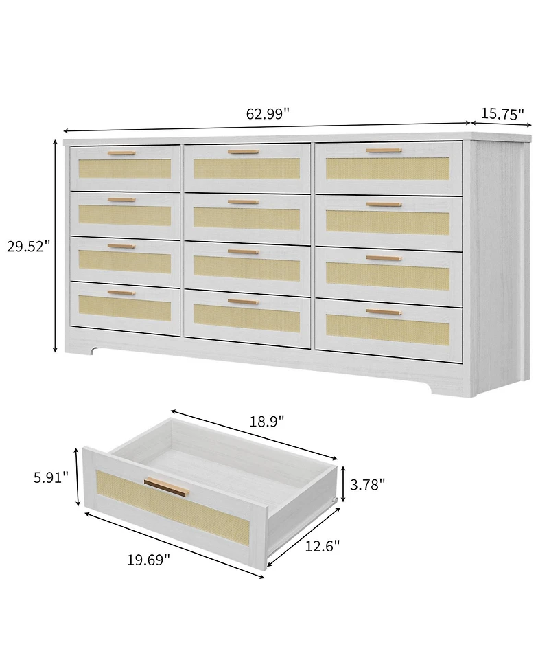 gaomon Bedroom 12-Drawer Dresser, Rattan Wood Chest with Wide Storage Drawers and Tabletop.