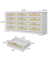 gaomon Bedroom 12-Drawer Dresser, Rattan Wood Chest with Wide Storage Drawers and Tabletop.