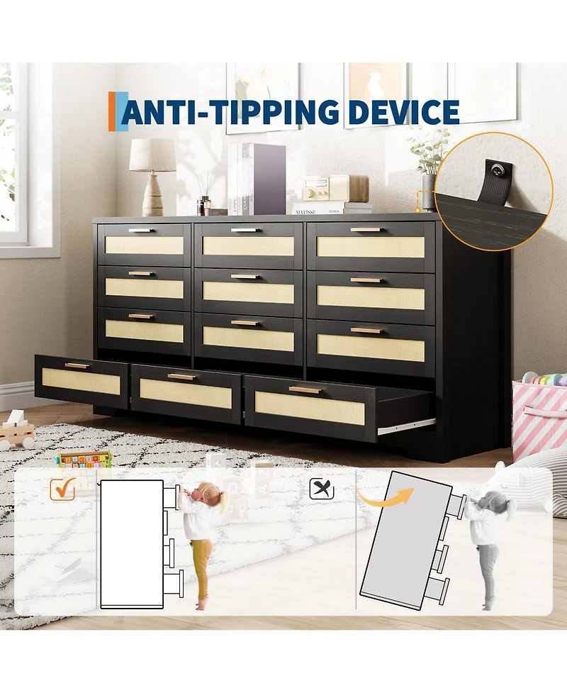 gaomon Bedroom 12-Drawer Dresser, Rattan Wood Chest with Wide Storage Drawers and Tabletop.