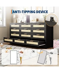 gaomon Bedroom 12-Drawer Dresser, Rattan Wood Chest with Wide Storage Drawers and Tabletop.