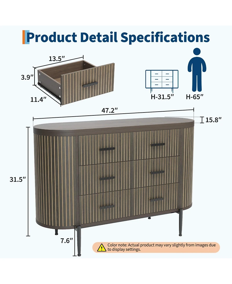 gaomon 47" Wide Mid Century Fluted 6 Drawer Dresser for Bedroom, Wood Chest of Drawers Tv Stand.