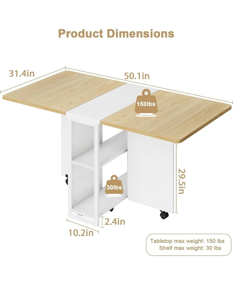 Expandable Farmhouse Dining Table with Storage and 6 Wheels, Space-Saving Drop-Leaf for 4 People