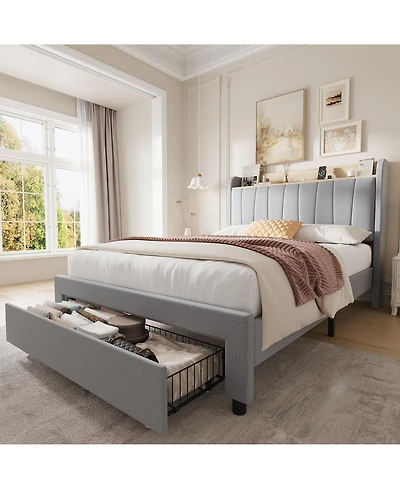 Homfan Upholstered Bed Frame with Storage Headboard, Charging Station and Drawer, Wood Slats