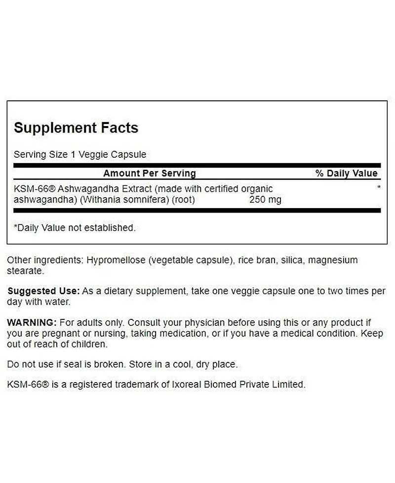 Swanson Ultimate Ashwagandha Ksm-66 250 mg Healthy Stress and Relaxation, Calm Mindset, Natural Formula, 60 Veggie Caps