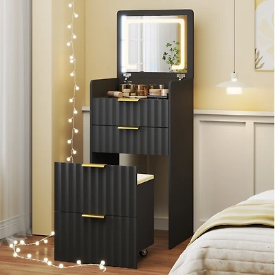 Vlsrka Fluted Small Vanity Desk With Mirror, Lights, Stool & 3 Drawers