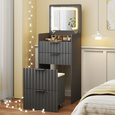 Vlsrka Fluted Small Vanity Desk With Mirror, Lights, Stool & 3 Drawers