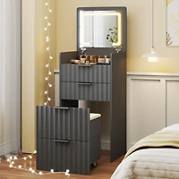 Vlsrka Fluted Small Vanity Desk With Mirror, Lights, Stool & 3 Drawers