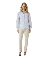 Modenaire Women's Striped Eyelet Collared Button-Down Shirt