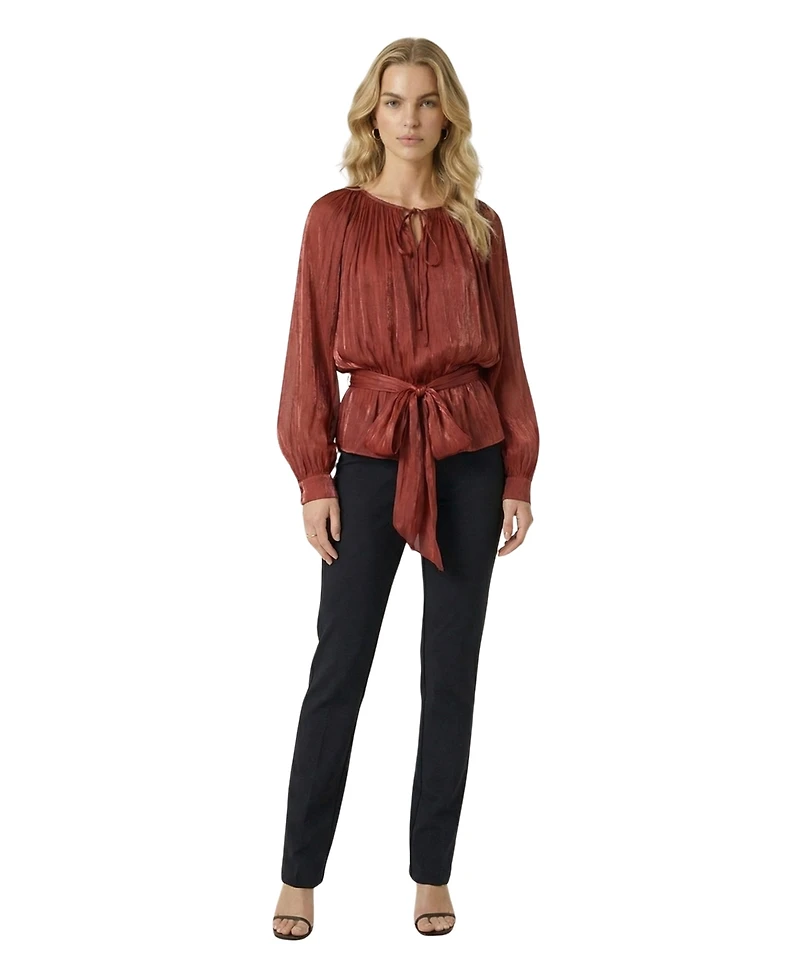 Modenaire Women's Tie-Neck Belted Long-Sleeve Blouse