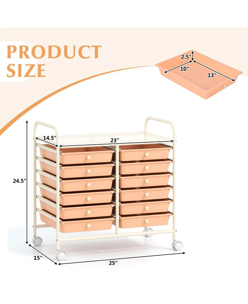 Gouun 12-Drawer Rolling Storage Cart with Steel Frame and Dual Handles for Home and Office