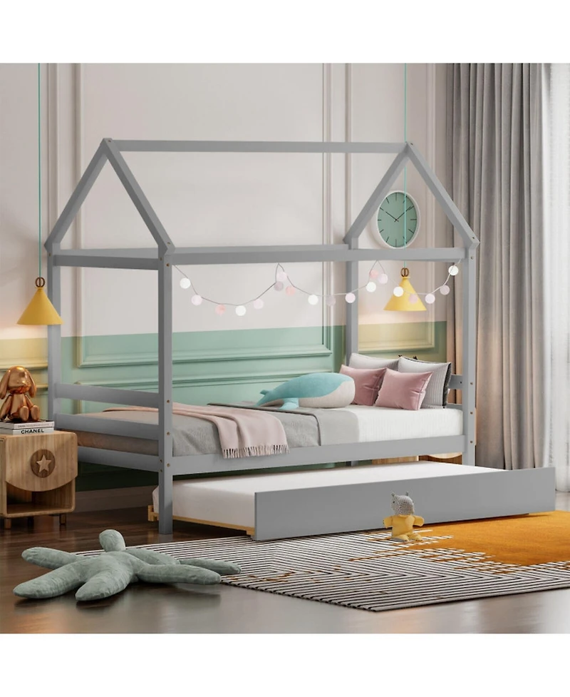 Gouun Bed Frame with Pull-Out Trundle and Roof Design