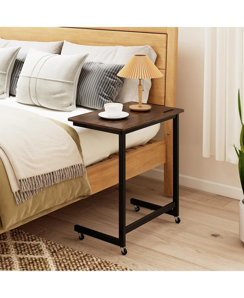 Gymax 2PCS C-shaped End Table w/Wheels Built-in Phone Slot for Living Room Bedroom