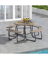 Gymax Outdoor 8-person Round Picnic Table Bench Set w/ 4 Benches and Umbrella Hole