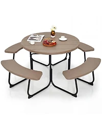Gymax Outdoor 8-person Round Picnic Table Bench Set w/ 4 Benches and Umbrella Hole