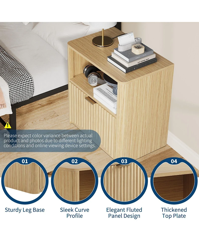 Bedroom Sofa Office Nightstand, Set of 2 Wooden Bedside End Tables, Fluted Panel Storage with Drawer and Shelf, Oak
