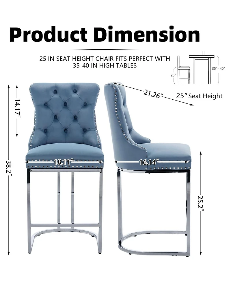 Rainsken Modern Velvet Bar Stools Set of 2, 26" Counter Height Chairs with Button Back, Nailhead Trim and Chromed Metal Legs for Kitchen Island