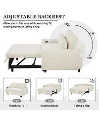 Rainsken 57.48" Pull-out Sofa Bed, Convertible Corduroy Couch with Adjustable Backrest, Usb Ports and 2 Pillows, Loveseat for Living Room