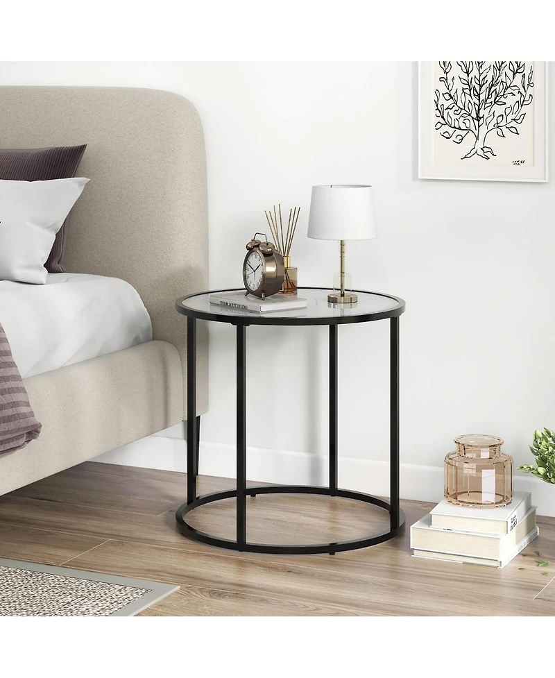 Gymax 2PCS Glass End Table 20 Round Side Table Metal Frame Faux Marble Glass Top
