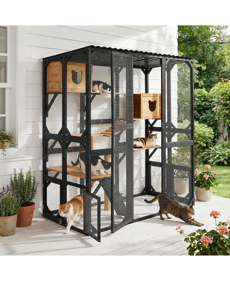Aostirmotor Outdoor Wooden Catio, Fir Wood Cat Enclosure with Sleeping House and Jumping Platforms, Secure Cat Playpen