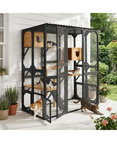 Aostirmotor Outdoor Wooden Catio, Fir Wood Cat Enclosure with Sleeping House and Jumping Platforms, Secure Cat Playpen