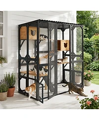 Aostirmotor Outdoor Wooden Catio, Fir Wood Cat Enclosure with Sleeping House and Jumping Platforms, Secure Cat Playpen