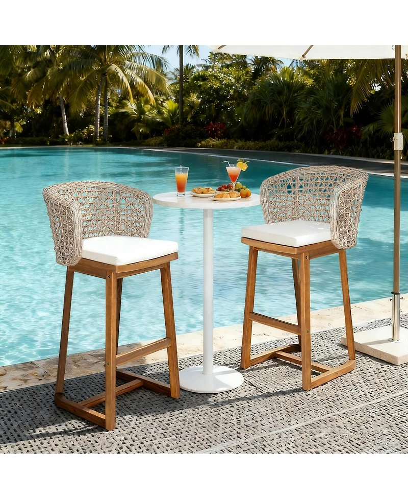 Rainsken Outdoor Acacia Wood Bar Stools, Counter Height Chairs Set of 2 with Cushion and Breathable Wicker Back for Patio, Poolside, Kitchen Island