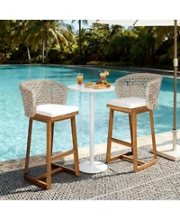 Rainsken Outdoor Acacia Wood Bar Stools, Counter Height Chairs Set of 2 with Cushion and Breathable Wicker Back for Patio, Poolside, Kitchen Island