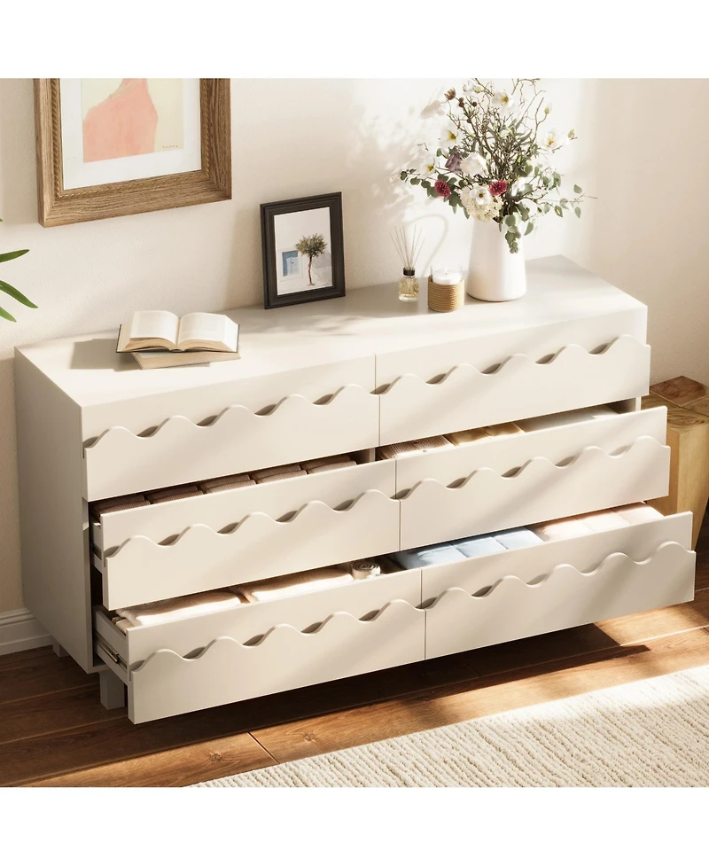 Rainsken 6 Drawer Dresser, Modern Tv Stand and Chest of Drawers with Wave Front Design, Anti-Tip Clothes Storage Organizer for Bedroom, Living Room
