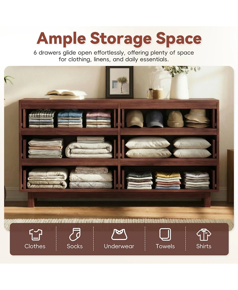 Rainsken 6 Drawer Dresser, Modern Tv Stand and Chest of Drawers with Wave Front Design, Anti-Tip Clothes Storage Organizer for Bedroom, Living Room