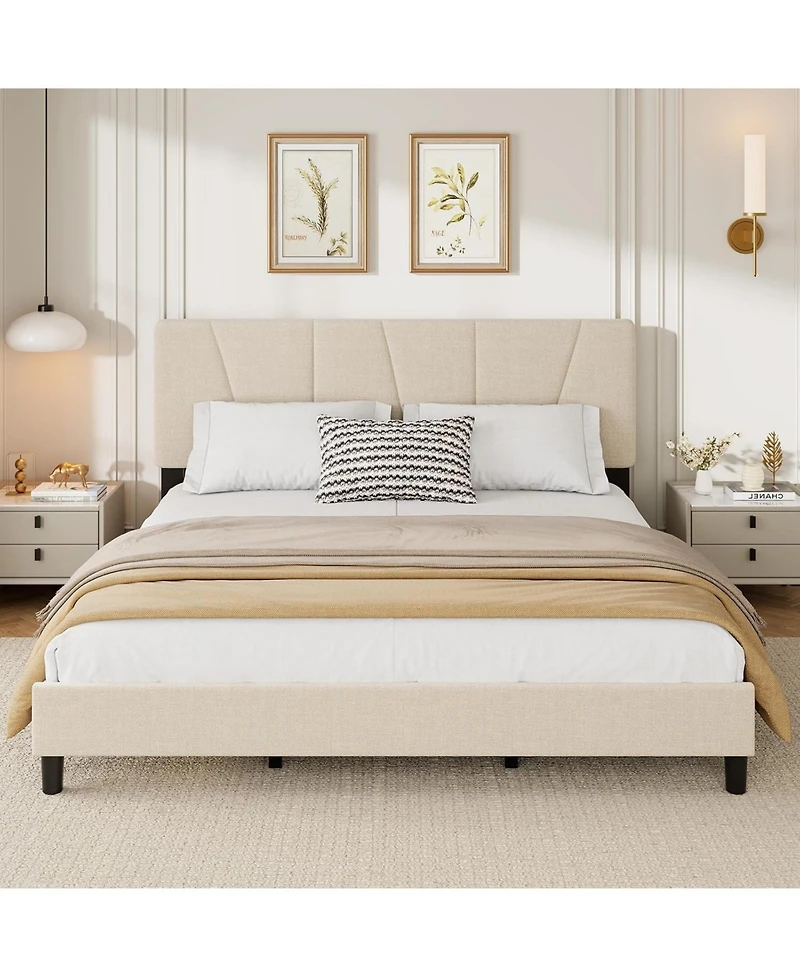 gaomon Upholstered Platform Bed with Adjustable Headboard Wooden Slats