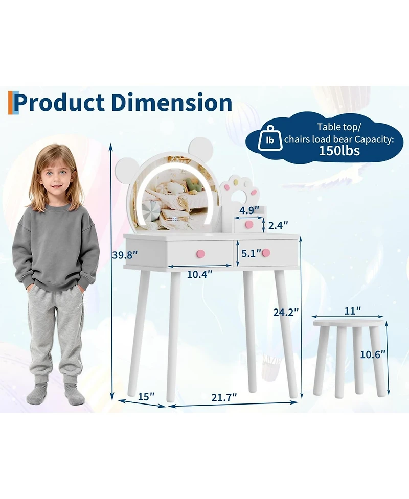 Homfan Bear-Shaped Lighted Mirror Kids Vanity Table and Chair Set - Wooden Princess Makeup Desk with Stool, Storage Drawers