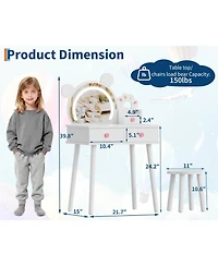Homfan Bear-Shaped Lighted Mirror Kids Vanity Table and Chair Set - Wooden Princess Makeup Desk with Stool, Storage Drawers