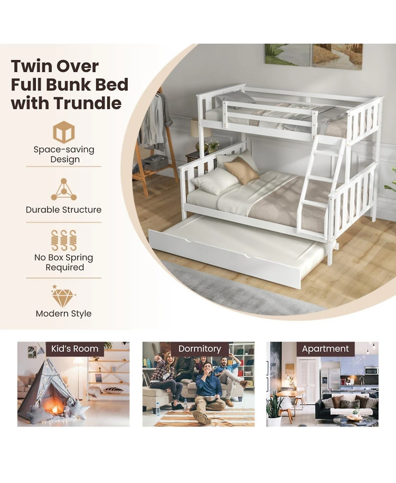 Gouun 3-in-1 Twin Over Full Bunk Bed with Pull-Out Trundle and Reversible Ladder