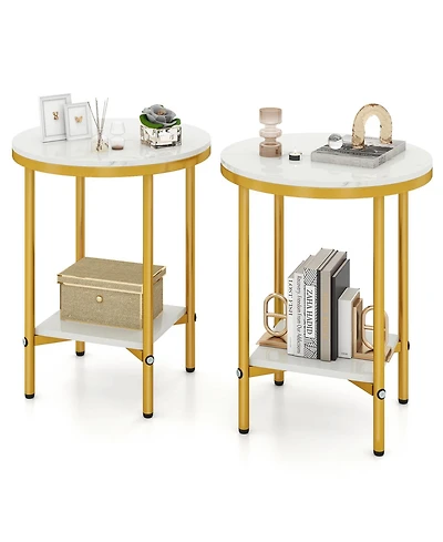 Gymax 2-Tier Round Side Table Set of 2 16'' Faux Marble End Table With Storage Shelf