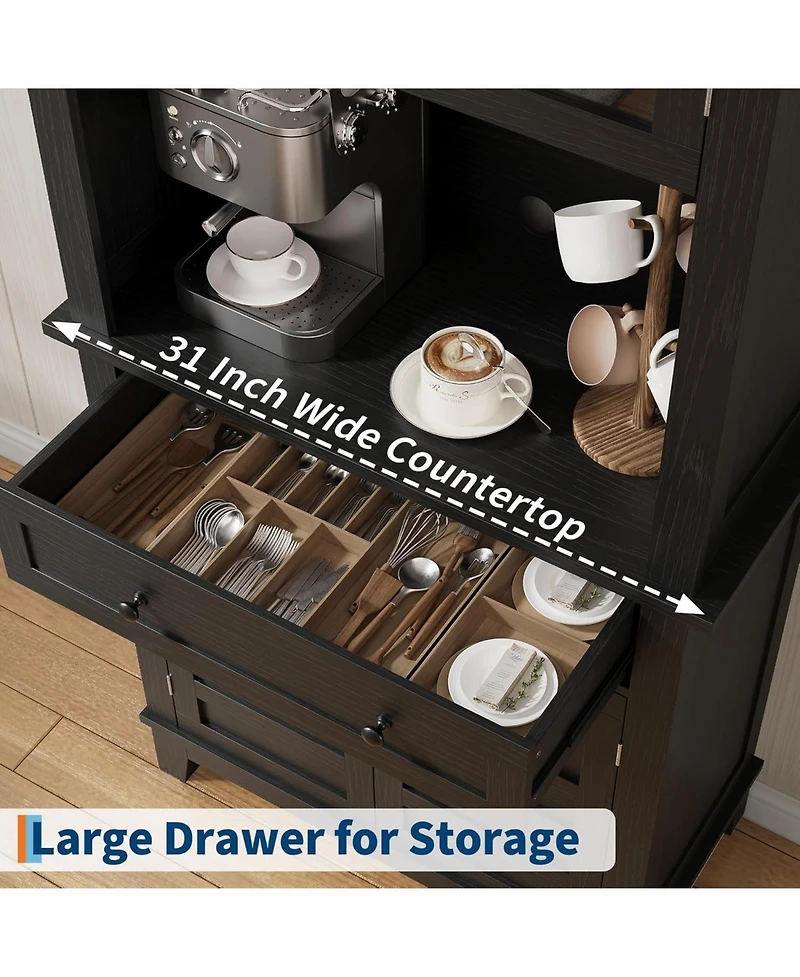 gaomon 72 Tall Kitchen Pantry Cabinet, Hutch Bar Cabinet with Microwave Stand, Cupboard Drawers Glass Doors for Dining Room