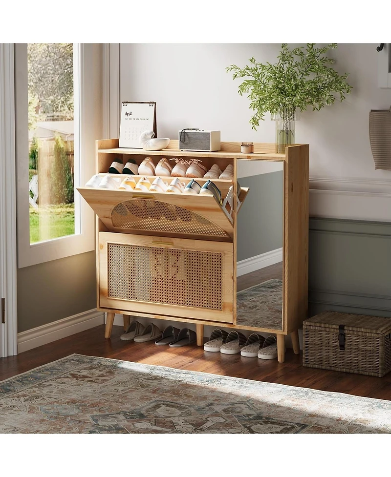 gaomon Natural Rattan Shoe Storage Cabinet,Hidden Shoe Rack Cabinet with 2 Flip Drawers, Mirror and Adjustable Shelves for Entryway, Hallway