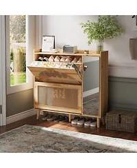 gaomon Natural Rattan Shoe Storage Cabinet,Hidden Shoe Rack Cabinet with 2 Flip Drawers, Mirror and Adjustable Shelves for Entryway, Hallway