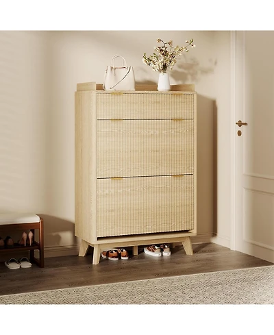 gaomon Fluted Wood Shoe Storage Cabinet for Entryway with 2 Flip Drawers and Adjustable Shelves