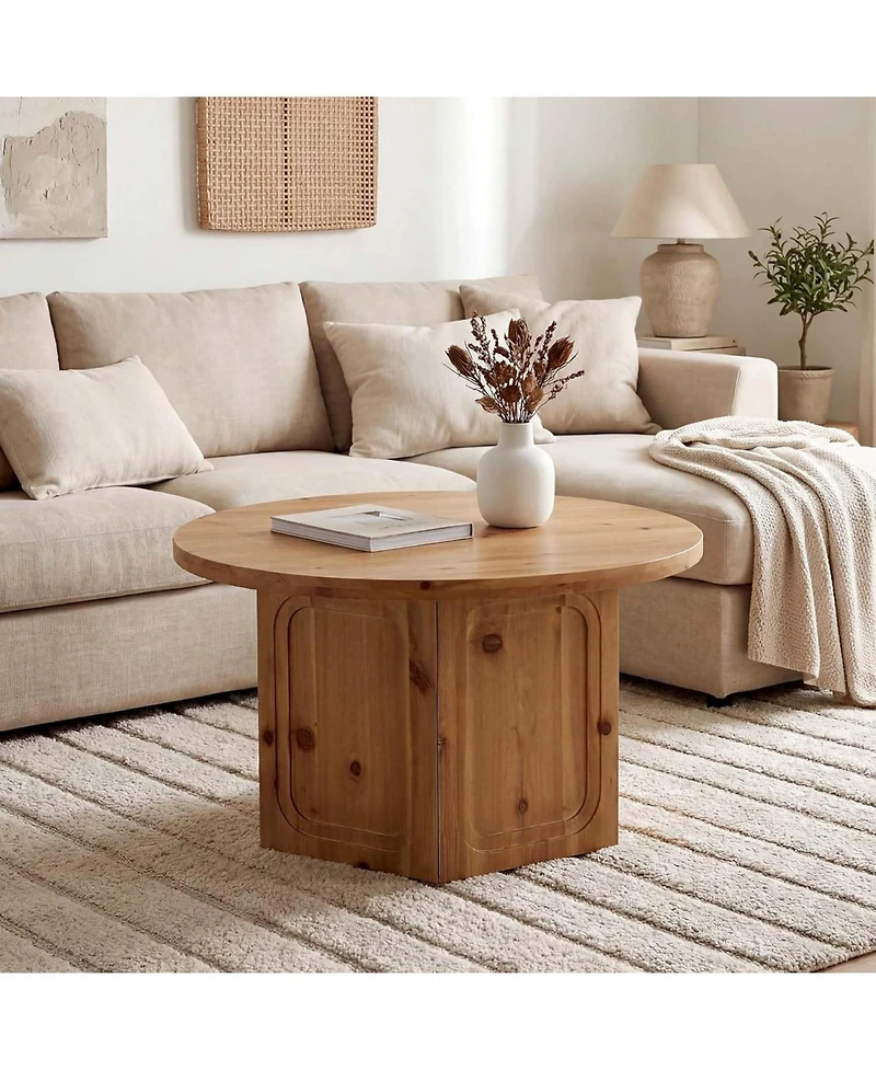 Tribesigns Large Round Solid Wood Coffee Table with Hexagon Pedestal Base