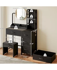 Homfan Modern Vanity Desk with Led Mirror, Adjustable Lights, Fabric Drawers, Power Outlet and Storage Shelves for Bedroom