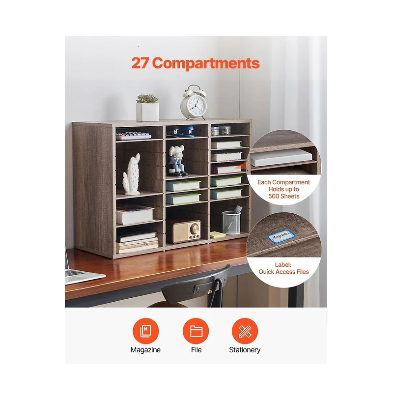 Sugift 27-Compartment Wood Literature Organizer, Office Mail Sorter with Removable Shelves, File Sorter for Home Classroom